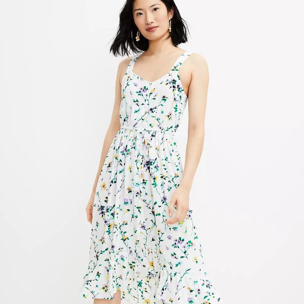 LOFT Women's Sleeveless Floral Button Ruffle Midi Dress